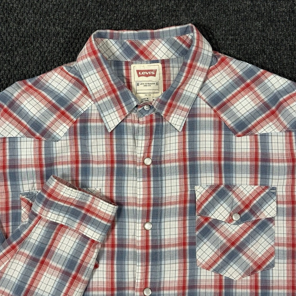 Levi's Western Pearl Snap Shirt Mens 2XL Red Blue Plaid Long Sleeve Rodeo Cowboy
